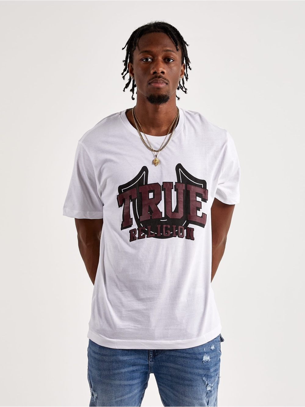 True Religion White Tee with Maroon and Navy Graphic